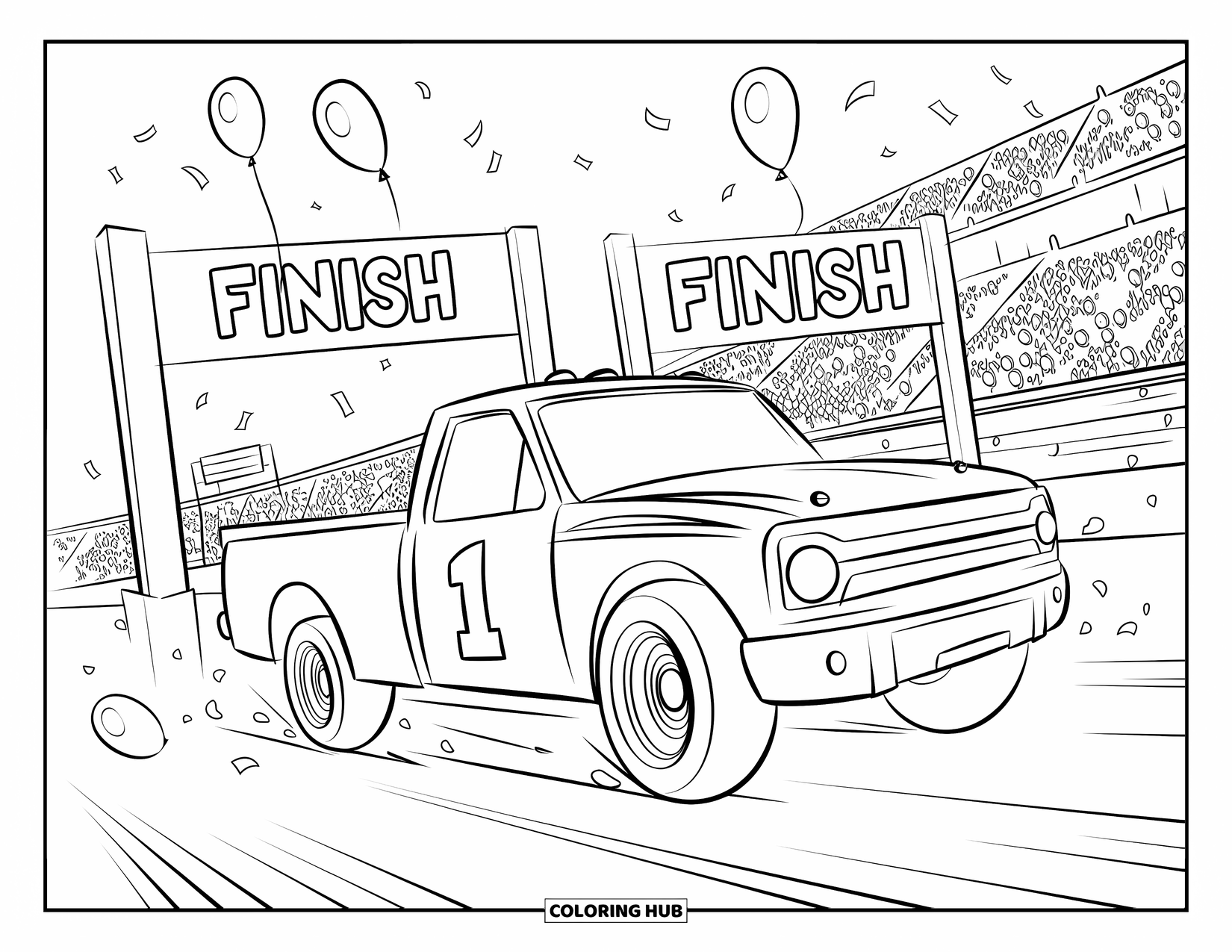 LKW Ausmalbild für Kinder: Ein rennfertiger LKW rast unter Konfetti und Ballons über die Ziellinie