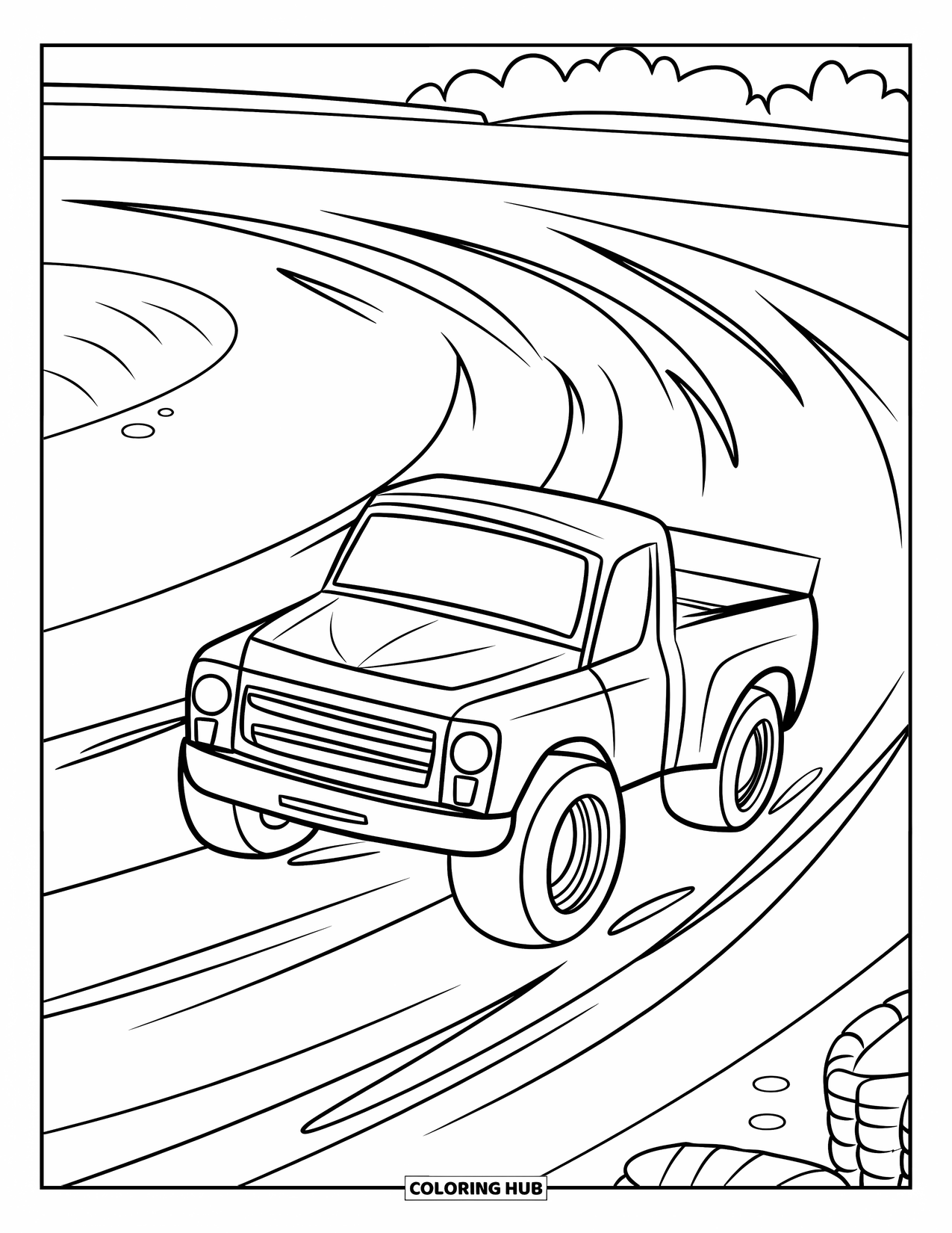 LKW Ausmalbild für Kinder: Ein Rennwagen mit großen Rädern rast auf einem Feldweg mit Reifenspuren