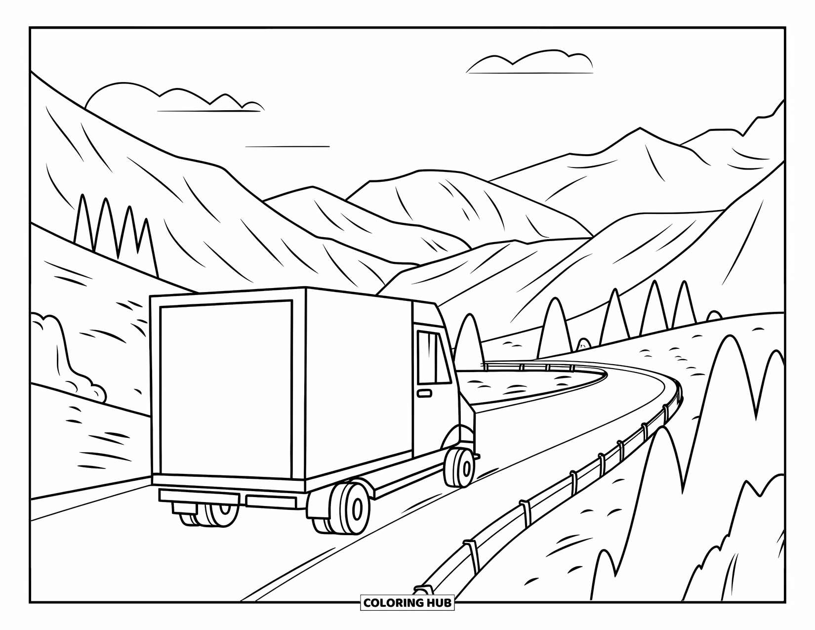 LKW Ausmalbild für Kinder: Ein roter Lieferwagen fährt eine Bergkurve entlang mit klarem Himmel