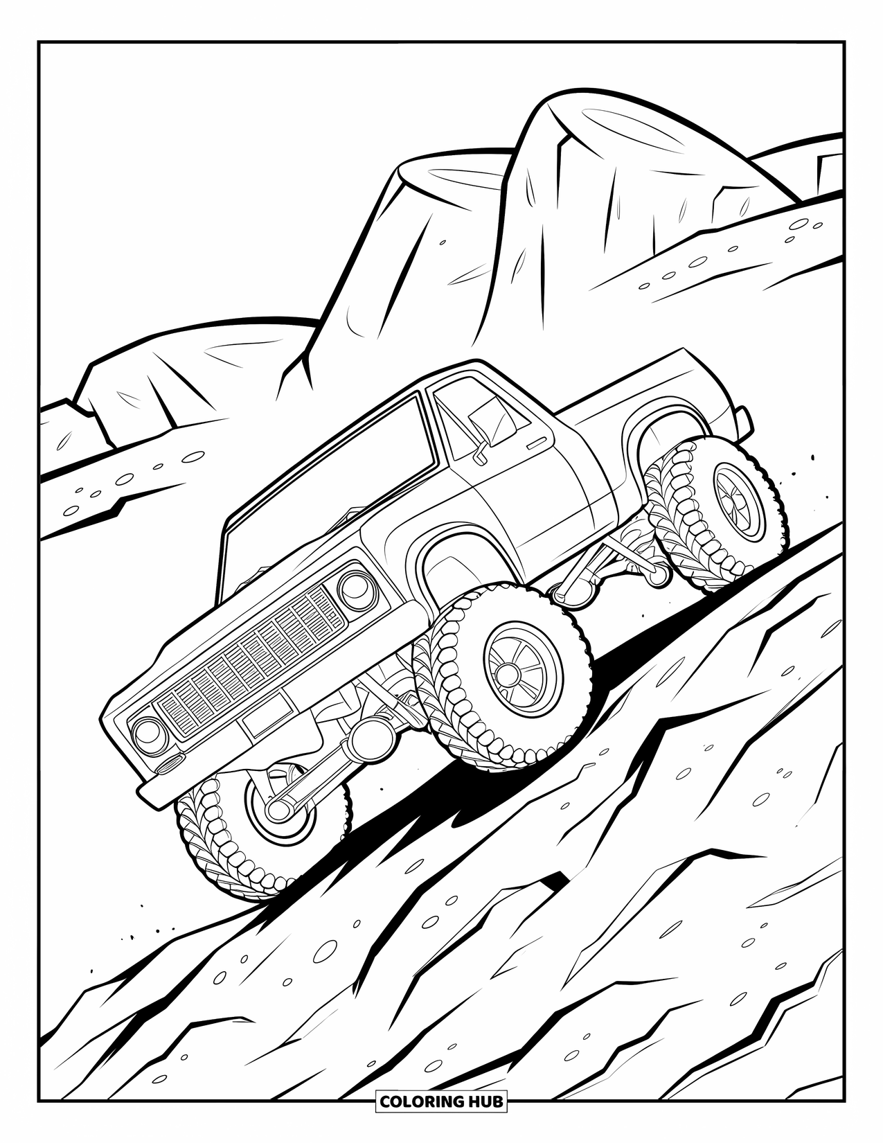 LKW Ausmalbild für Kinder: Ein Geländewagen mit roten Rädern erklimmt einen Hügel voller Felsbrocken