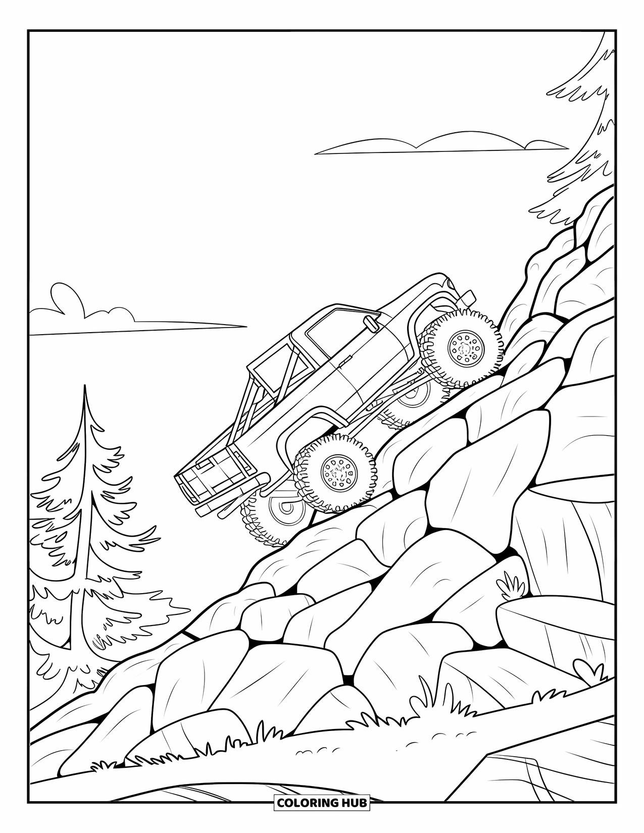 LKW Ausmalbild für Kinder: Ein robuster LKW mit Überdachung erklimmt einen felsigen Hang zwischen Bäumen