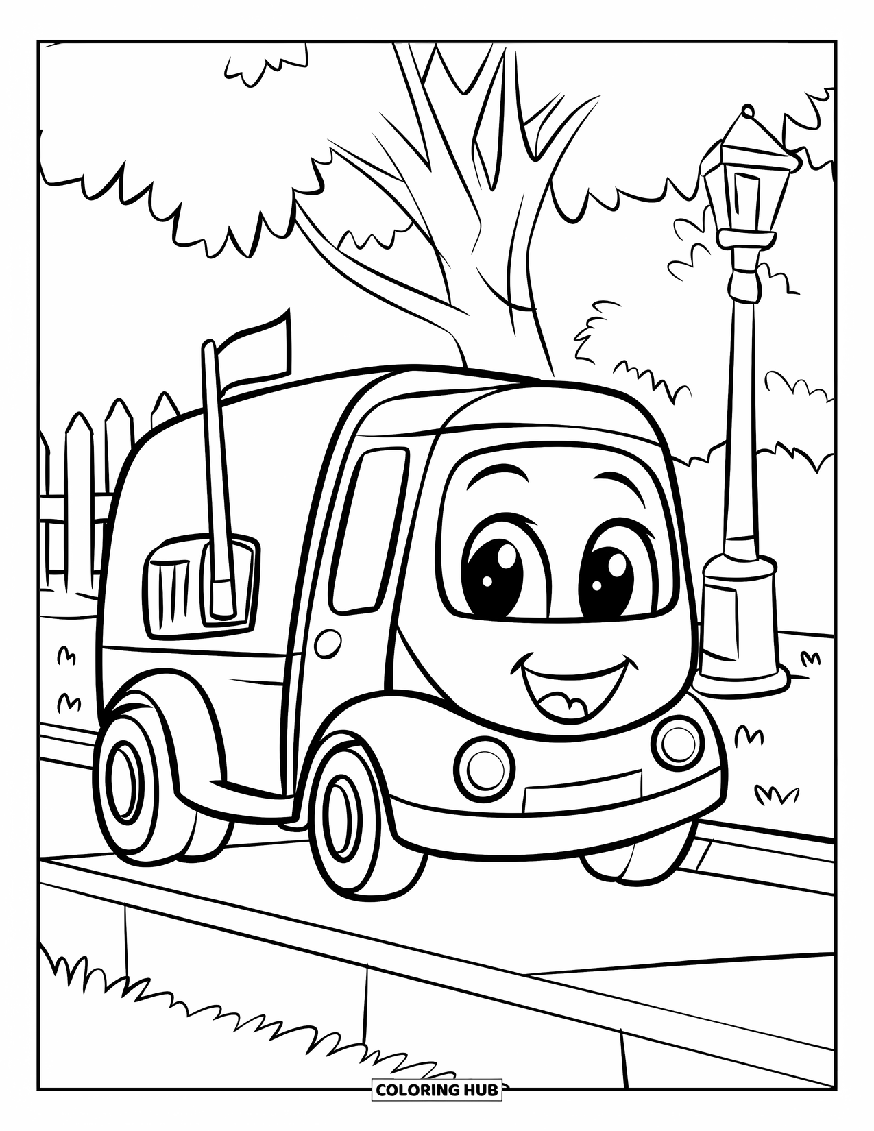 LKW Ausmalbild für Kinder: Ein lächelnder Lieferwagen mit großen Rädern hält in der Nähe eines Briefkastens mit erhobener Flagge