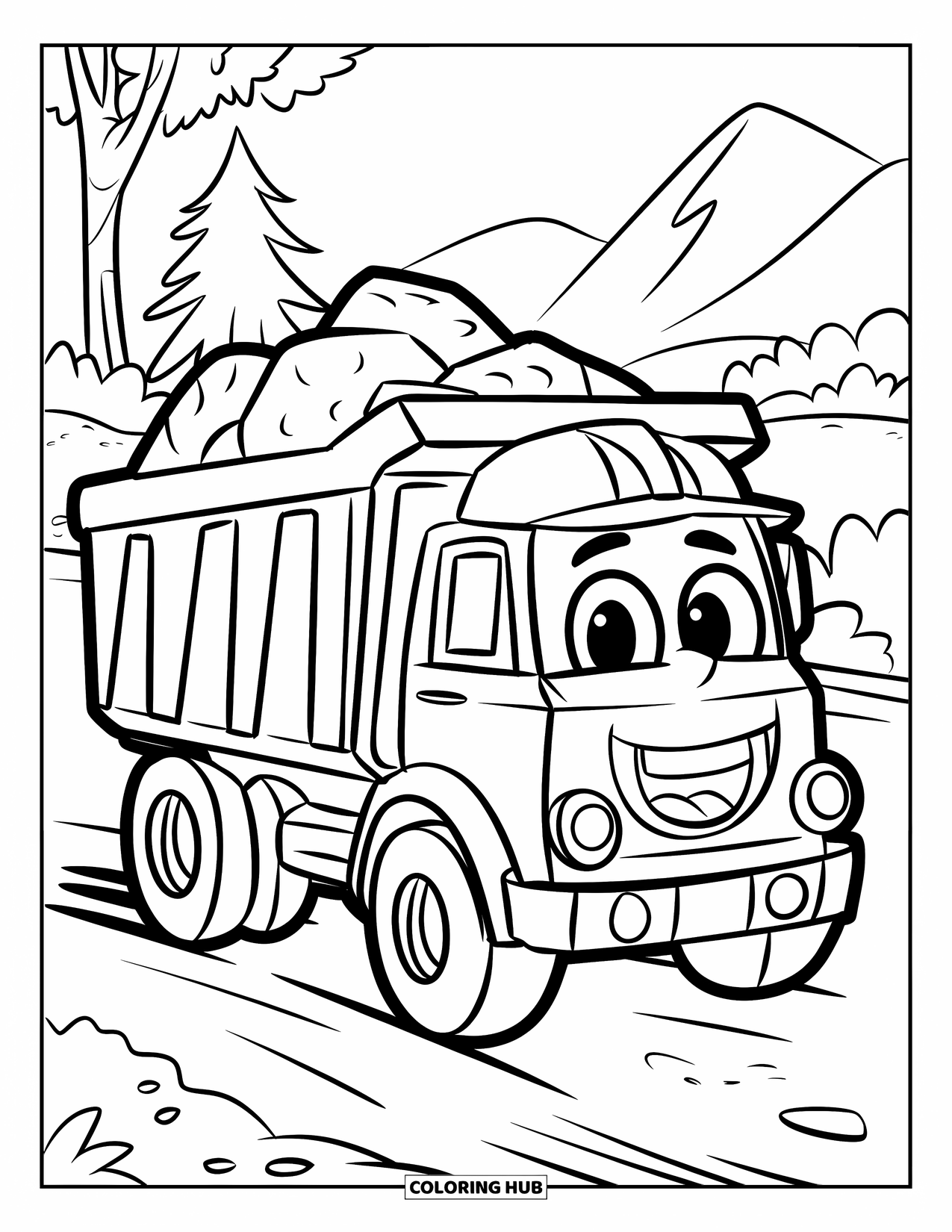 LKW Ausmalbild für Kinder: Ein lächelnder Muldenkipper mit Helm transportiert große Steine auf einer unbefestigten Straße mit Bäumen und Bergen