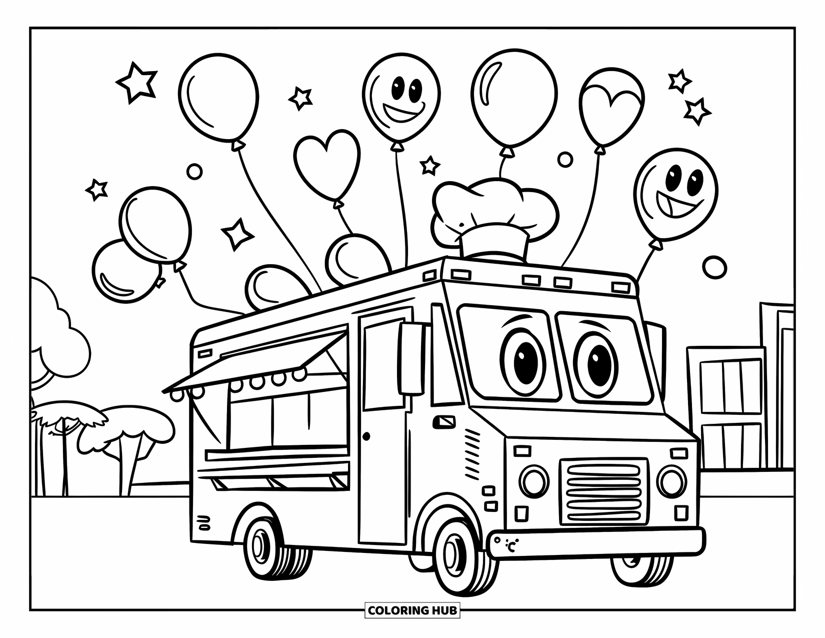 LKW Ausmalbild für Kinder: Ein lächelnder Imbisswagen mit Kochmütze serviert Leckereien auf einem Jahrmarkt