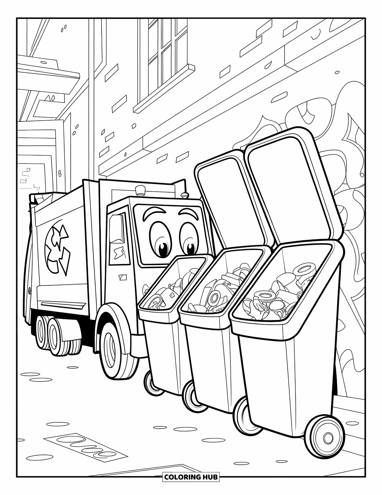 LKW Ausmalbild für Kinder: Ein lächelnder Müllwagen fährt rückwärts zu überquellenden Mülltonnen in einer Graffiti-Gasse