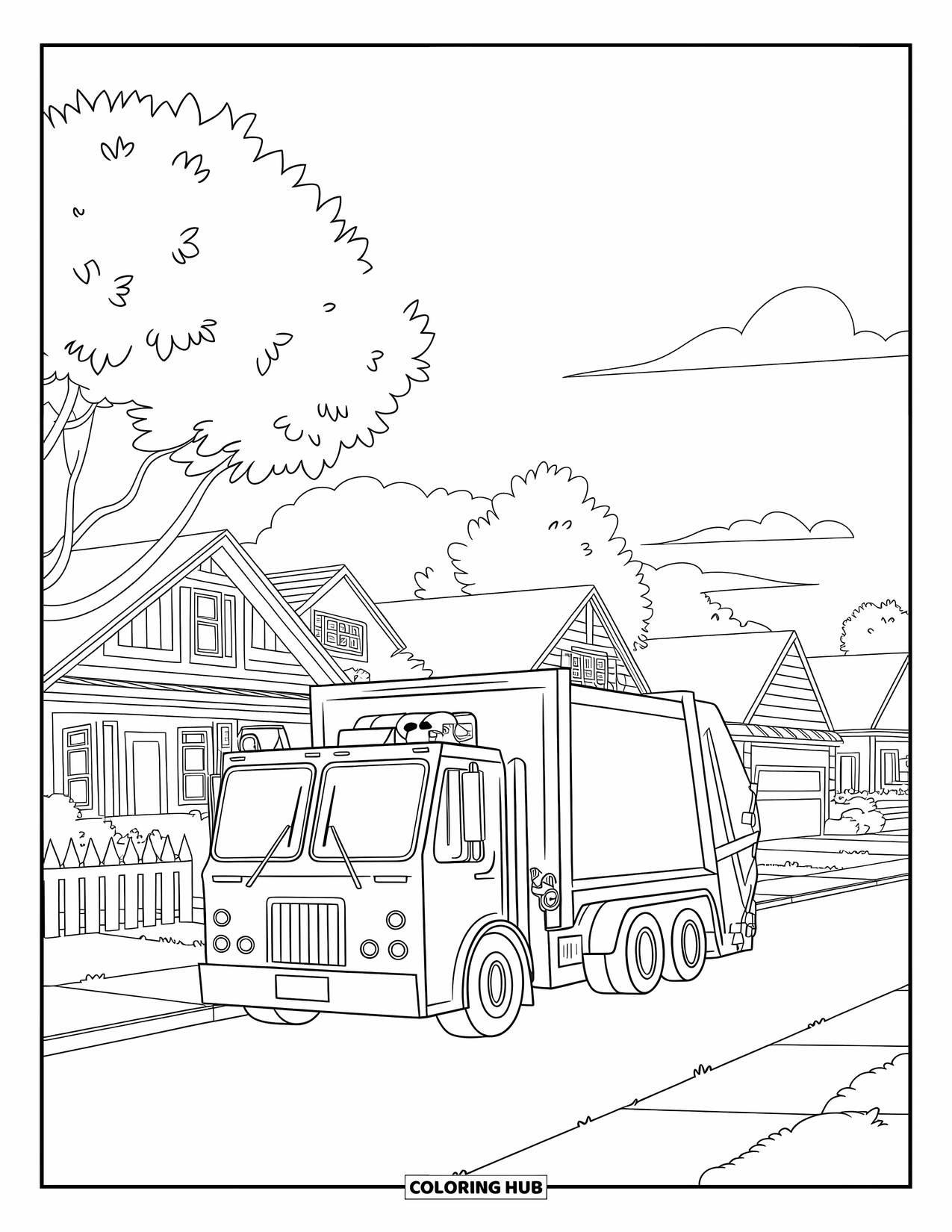 LKW Ausmalbild für Kinder: Ein lächelnder Müllwagen in Uniform sammelt Mülltonnen neben weiß eingezäunten Häusern ab