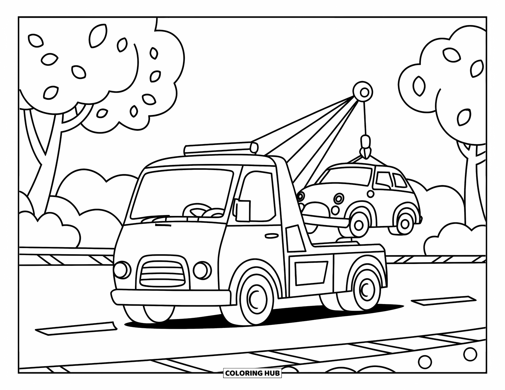 LKW Ausmalbild für Kinder: Ein lächelnder Abschleppwagen mit einem kräftigen Haken hebt ein Auto in der Nähe von belaubten Bäumen an