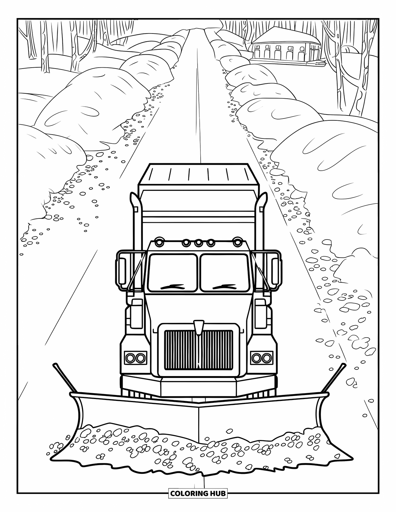 LKW Ausmalbild für Kinder: Ein Schneepflug fährt eine lange Straße entlang mit verschneiten Bäumen und Gebäuden