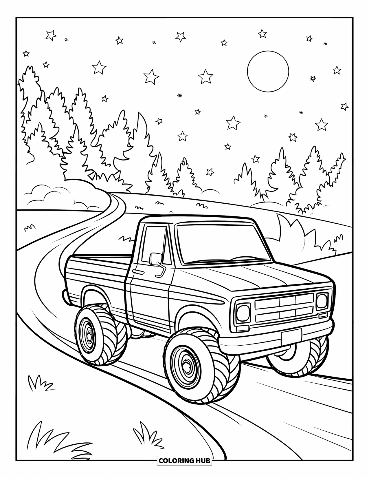 LKW Ausmalbild für Kinder: Ein gestreifter Pickup mit übergroßen Rädern fährt durch einen Wald unter Sternen und einem leuchtenden Mond