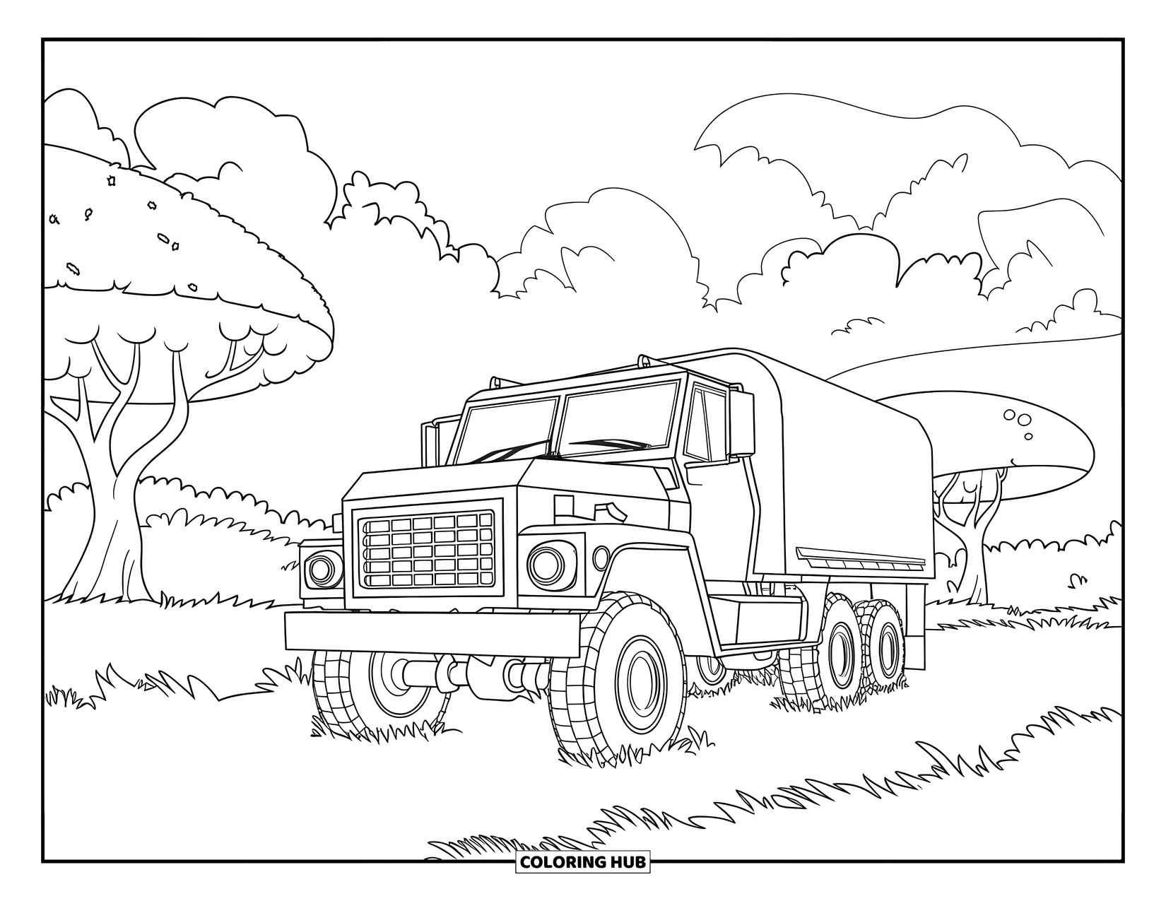 LKW Ausmalbild für Kinder: Ein robuster Armee-LKW parkt auf einem von Bäumen gesäumten Feld mit flauschigen Wolken darüber