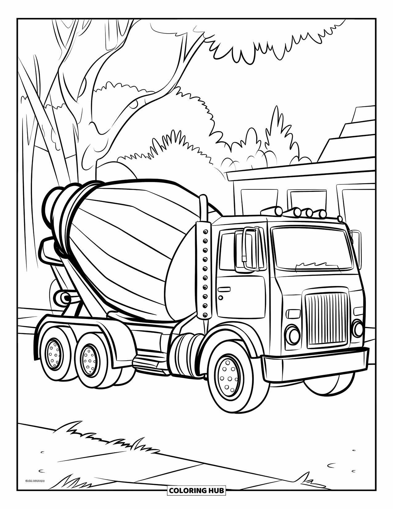 LKW Ausmalbild für Kinder: Ein Zementmischer mit Wirbeltrommel parkt neben Bäumen und einem entfernten Gebäude