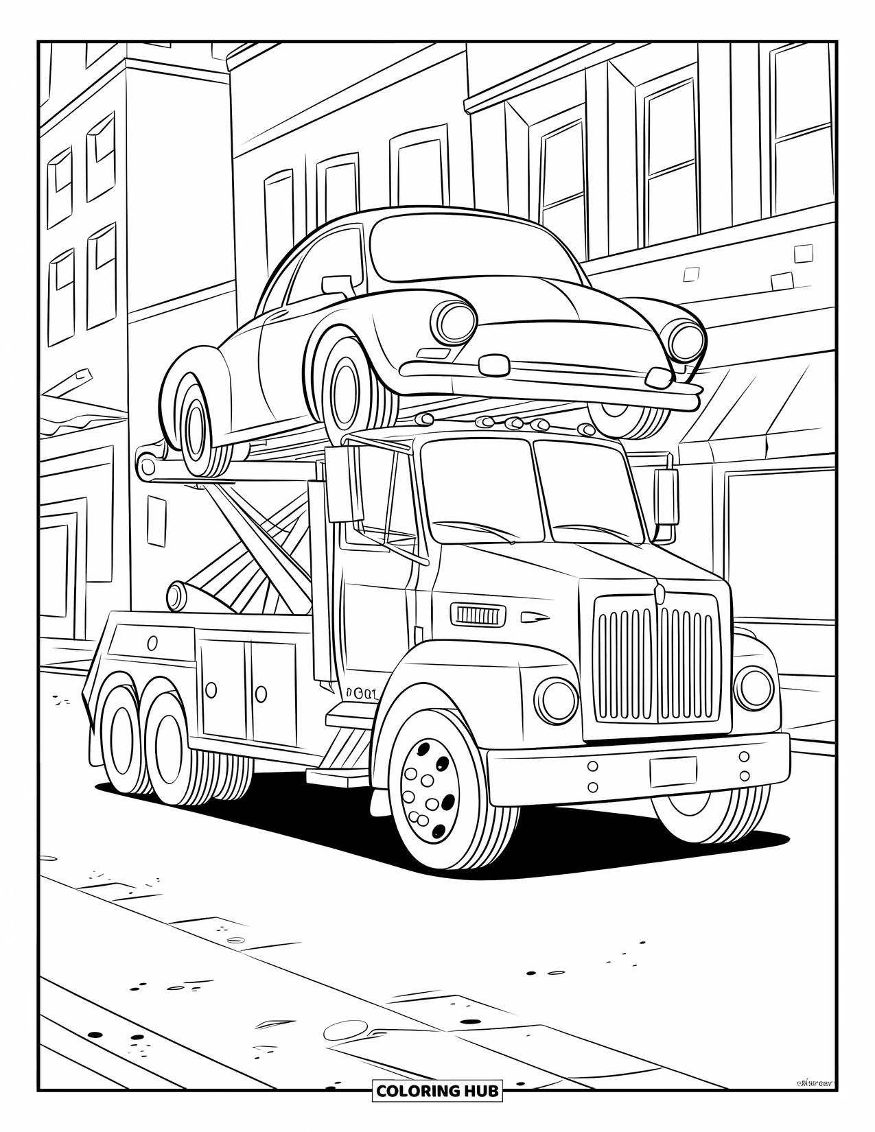LKW Ausmalbild für Kinder: Ein Abschleppwagen hebt ein Auto in einer Innenstadtszene mit von Geschäften gesäumten Straßen an