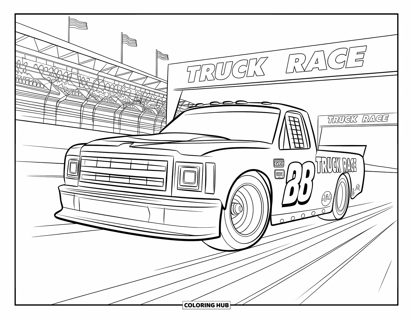 LKW Ausmalbild für Kinder: Ein LKW mit der Aufschrift "Truck Race" rast durch ein Stadion voller jubelnder Fans