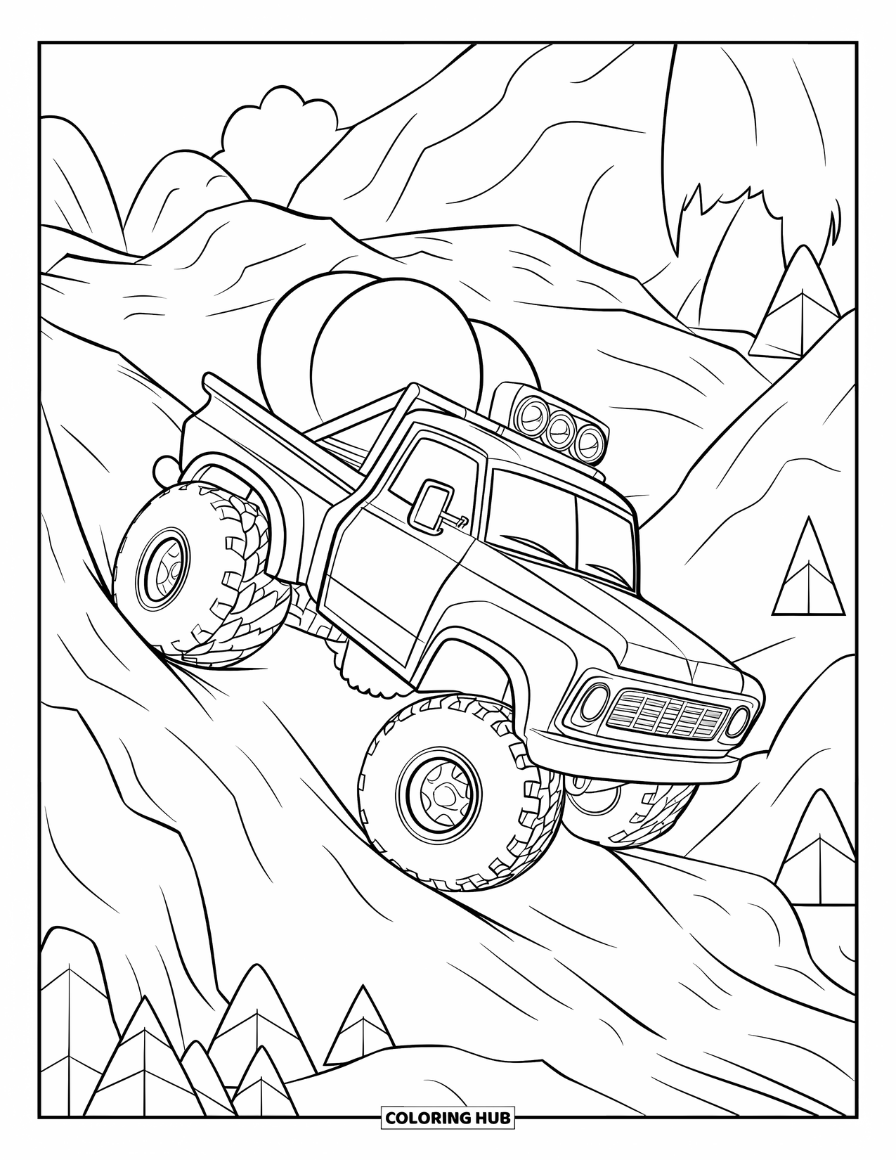 LKW Ausmalbild für Kinder: Ein LKW mit Dachscheinwerfern transportiert eine runde Ladung einen felsigen Pfad hinauf