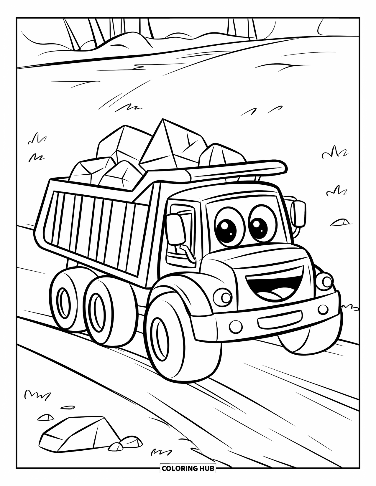 LKW Ausmalbild für Kinder: Ein gelber Muldenkipper mit Smiley-Gesicht rollt auf einem felsigen Feldweg in einem Feld mit Bäumen entlang