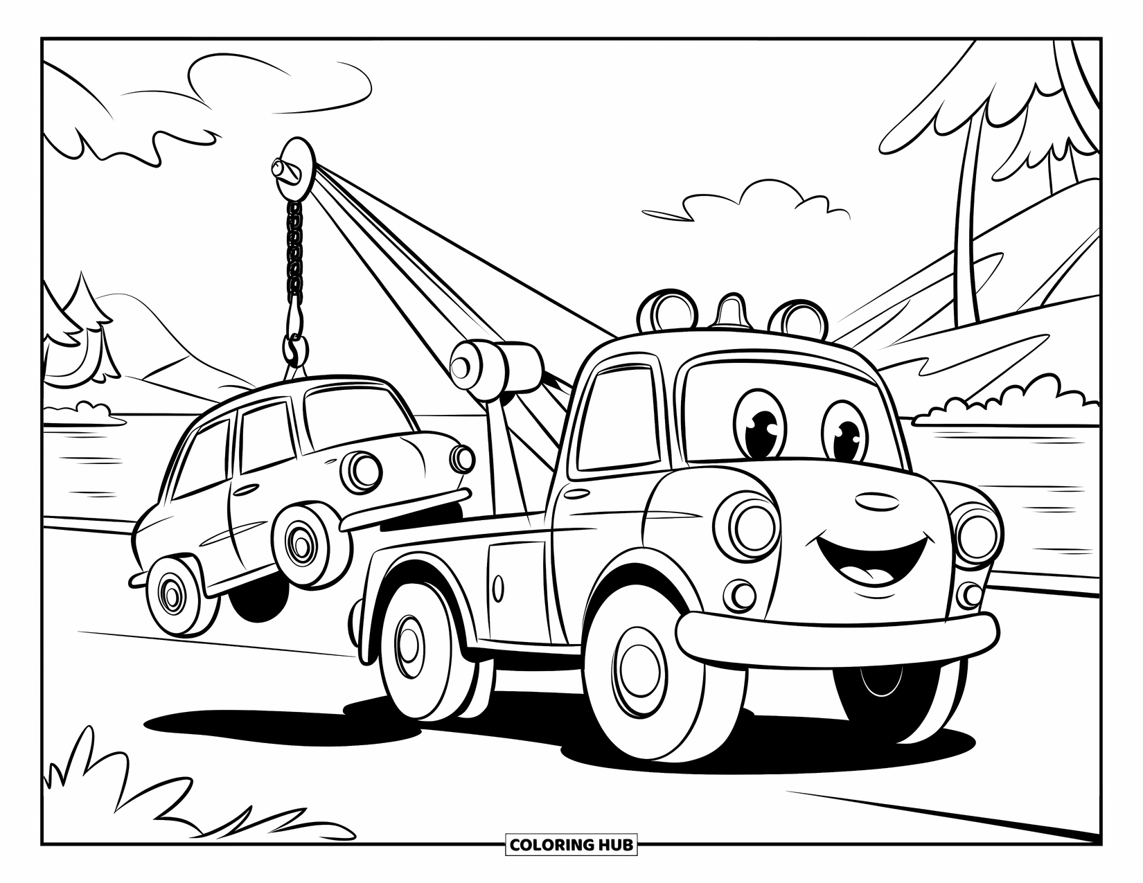 LKW Ausmalbild für Kinder: Ein gelber Mini-Abschleppwagen lächelt, während er ein blaues Auto an einem See anhebt
