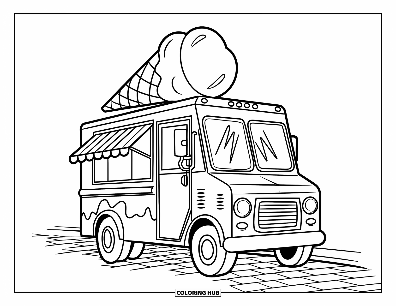 LKW Ausmalbild für Kinder: Ein Eiswagen mit verspielten Formen parkt auf Kopfsteinpflaster mit großen Farbzonen