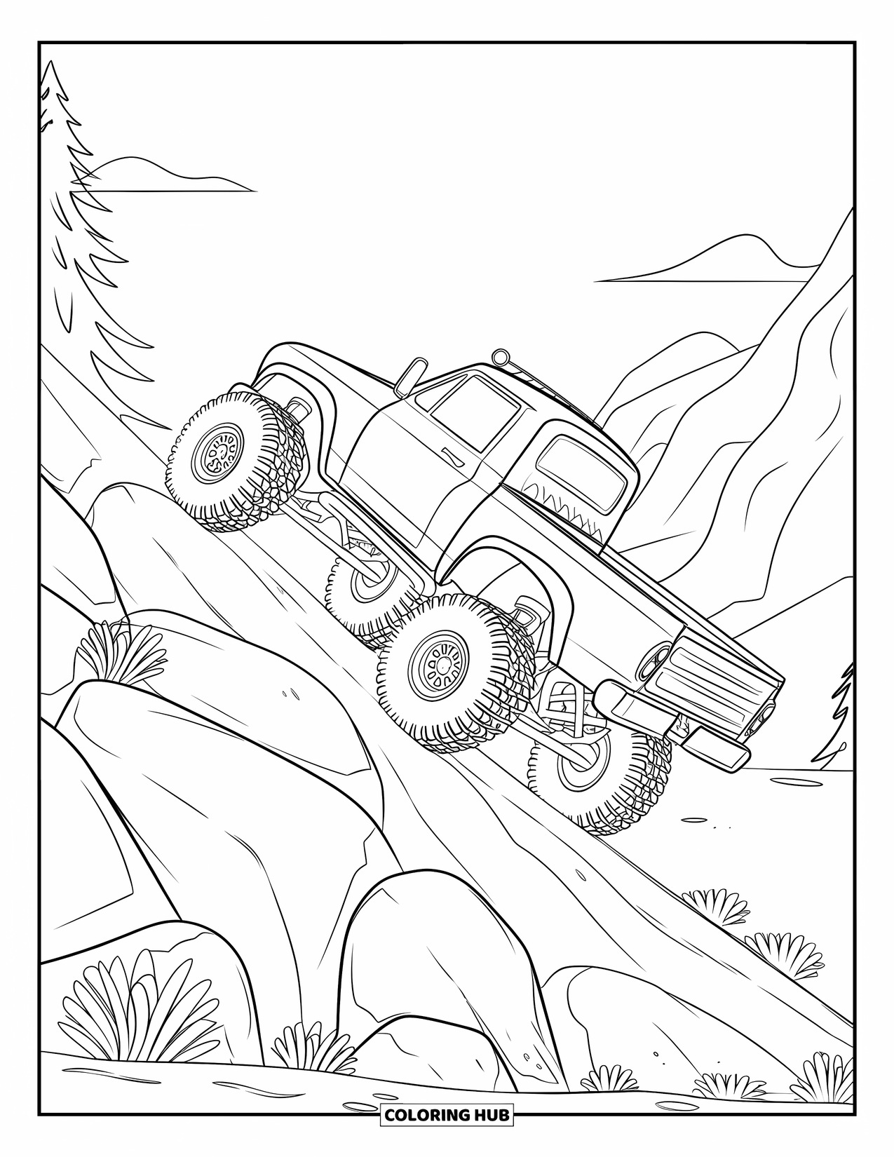 LKW Ausmalbild für Kinder: Ein Geländewagen erklimmt einen steilen Hügel voller Felsen und Bäume