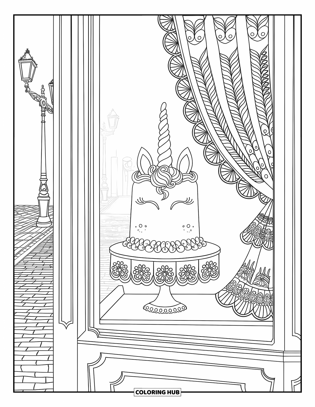 Unicorn Cake Coloring Page for Adults: Unicorn cake sits in a patisserie window framed by lace and cobblestone charm