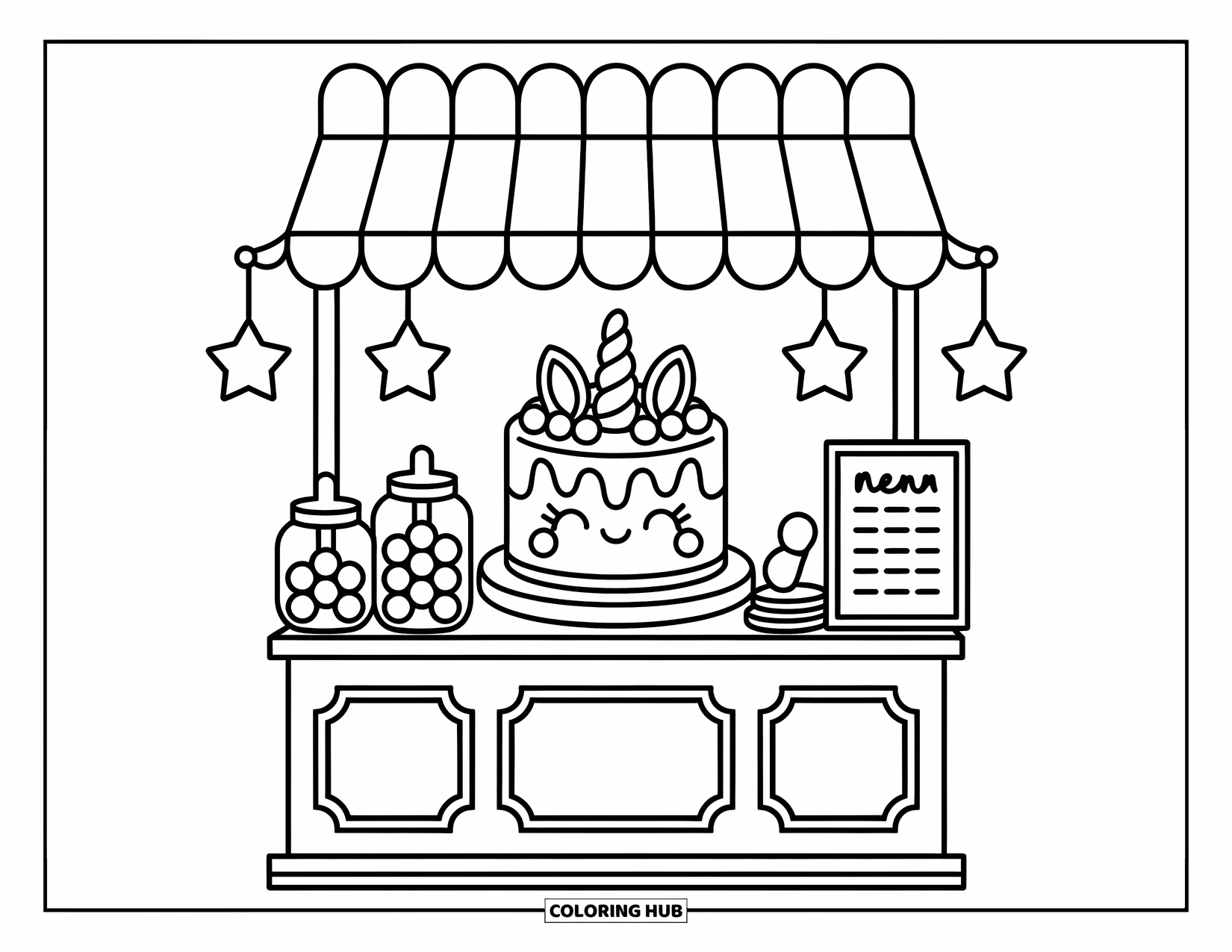 Unicorn Cake Coloring Page for Adults: Unicorn cake takes center stage at a sweet fair stall with stars and candy jars