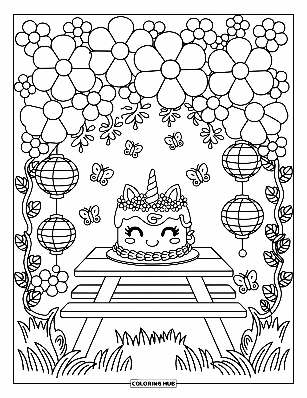 Unicorn Cake Coloring Page for Adults: Unicorn cake under floral canopy in a dreamy garden with lanterns and butterflies