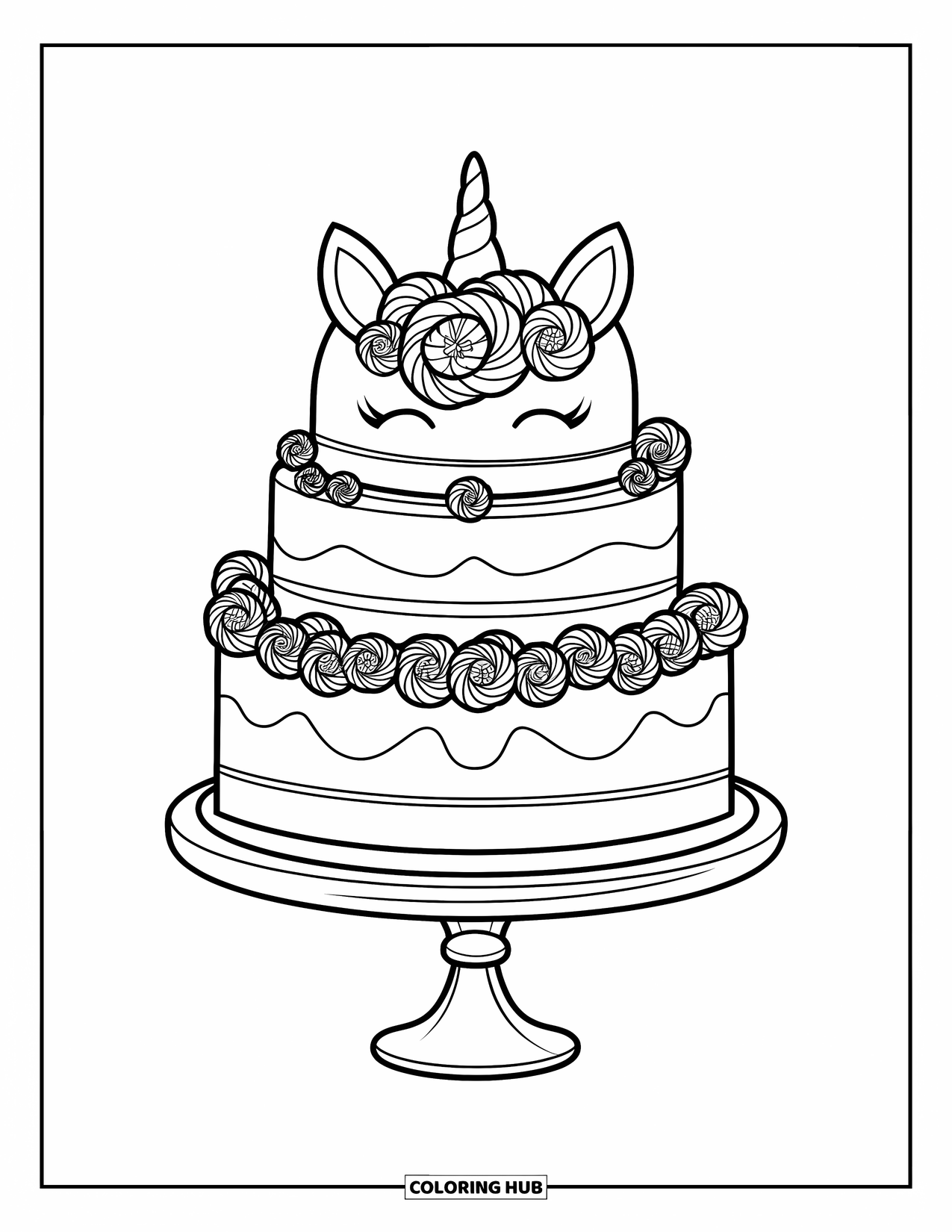 Unicorn Cake Coloring Page for Kids: Layered unicorn cake with floral curls rests on a stand