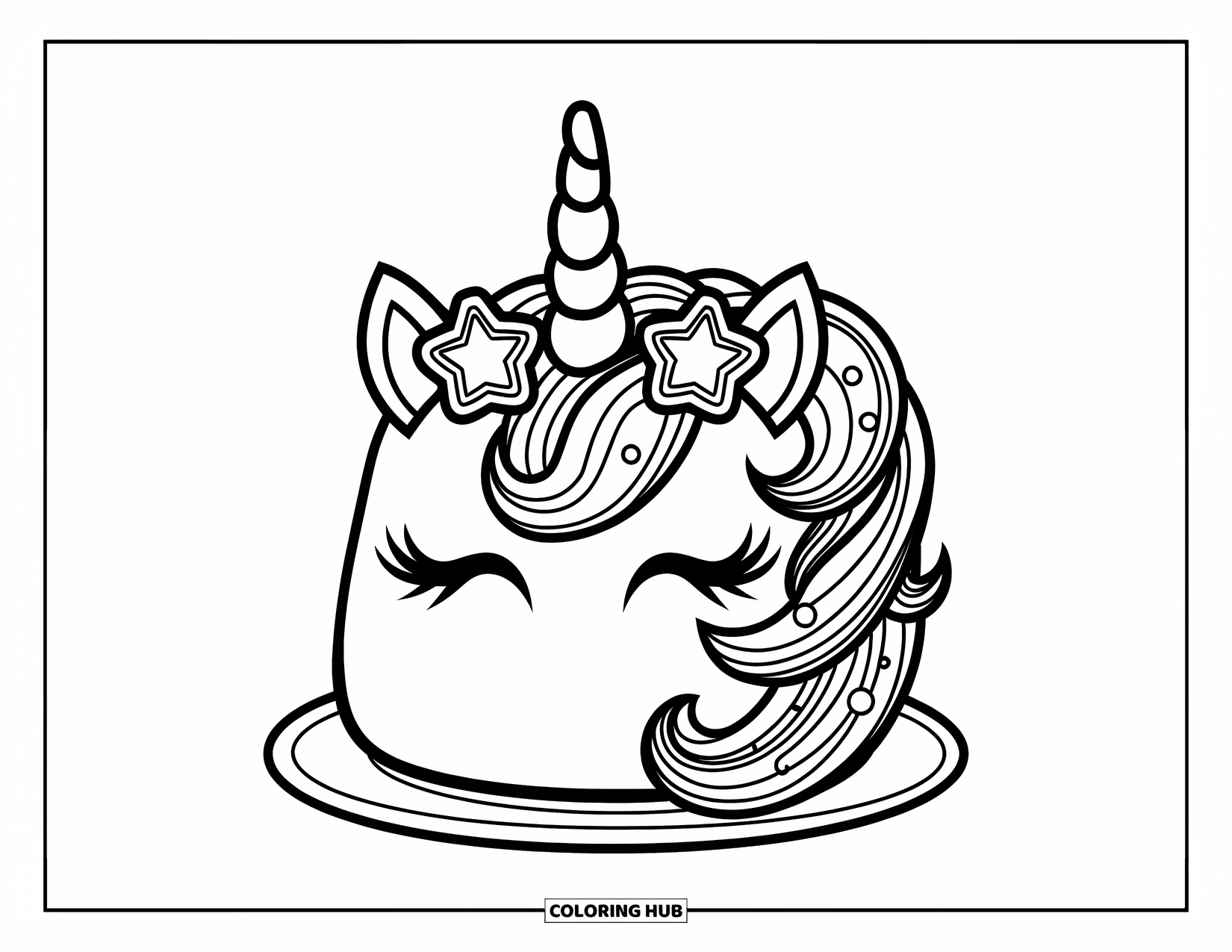 Unicorn Cake Coloring Page for Kids: Simple unicorn cake with frosting bangs, sprinkles, and two star toppers