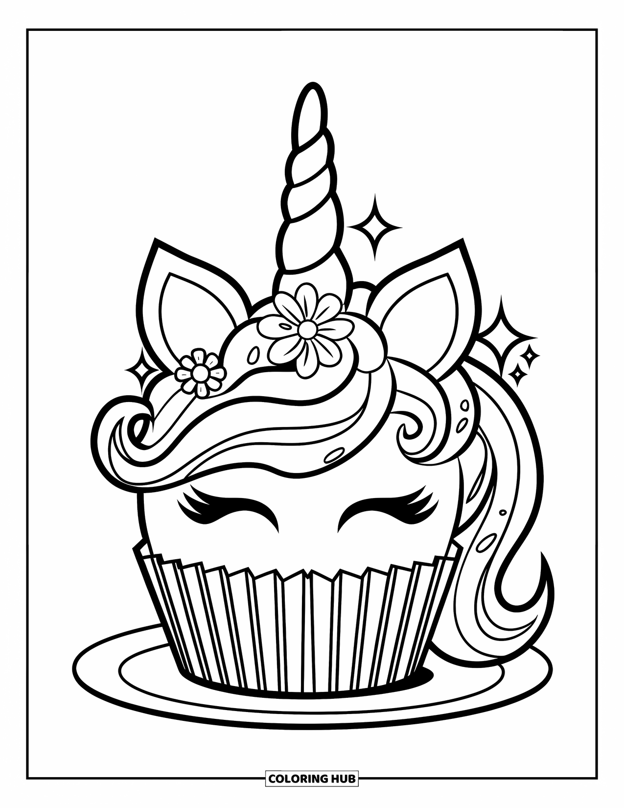 Unicorn Cake Coloring Page for Kids: Unicorn cupcake with floral frosting, big ears, and sparkle toppers on a plate