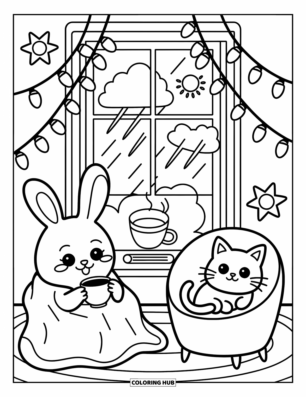 Weather Coloring Page for Adults: A bunny enjoys tea near a stormy window as fairy lights glow and a cat naps