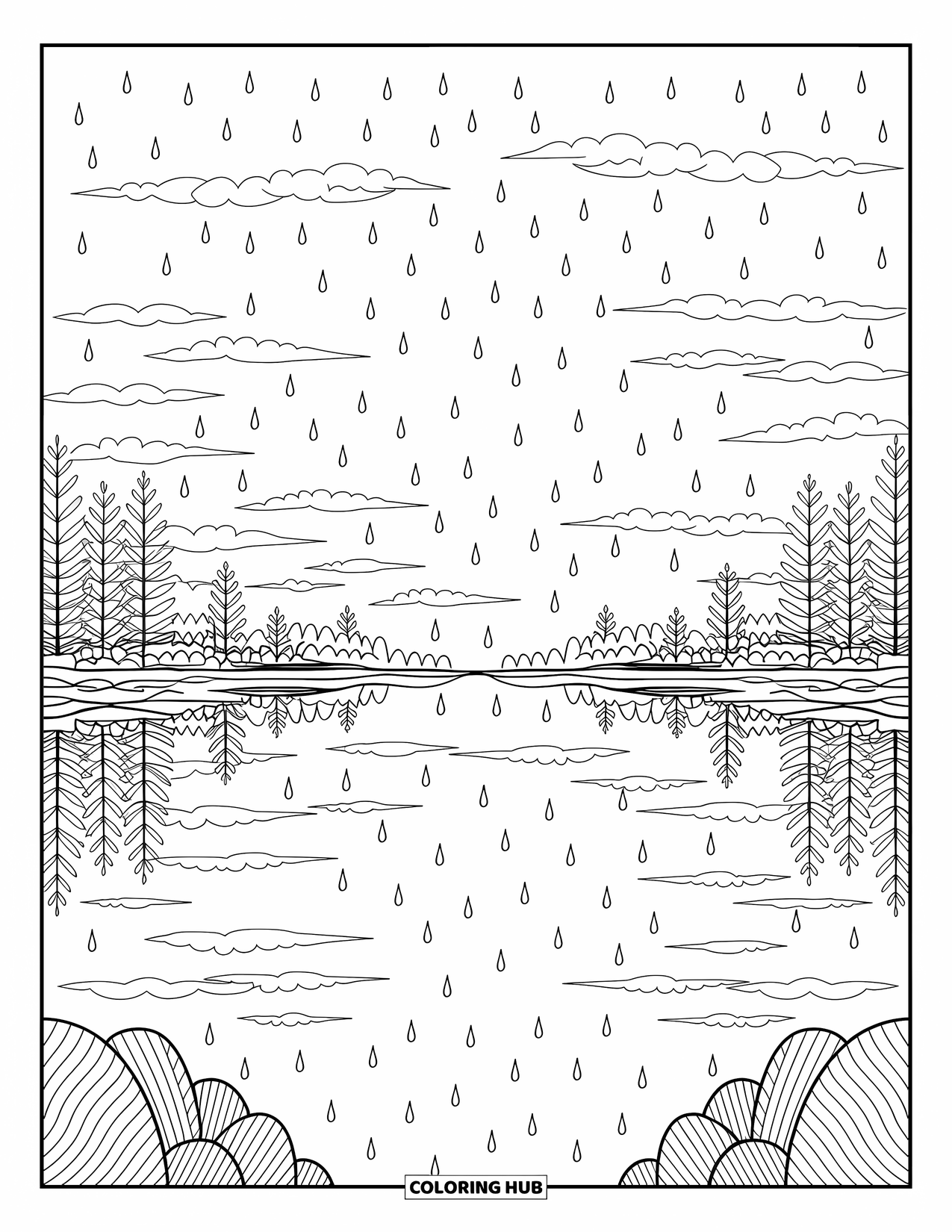 Weather Coloring Page for Adults: A calm lake reflects clouds as gentle raindrops fall across its peaceful surface