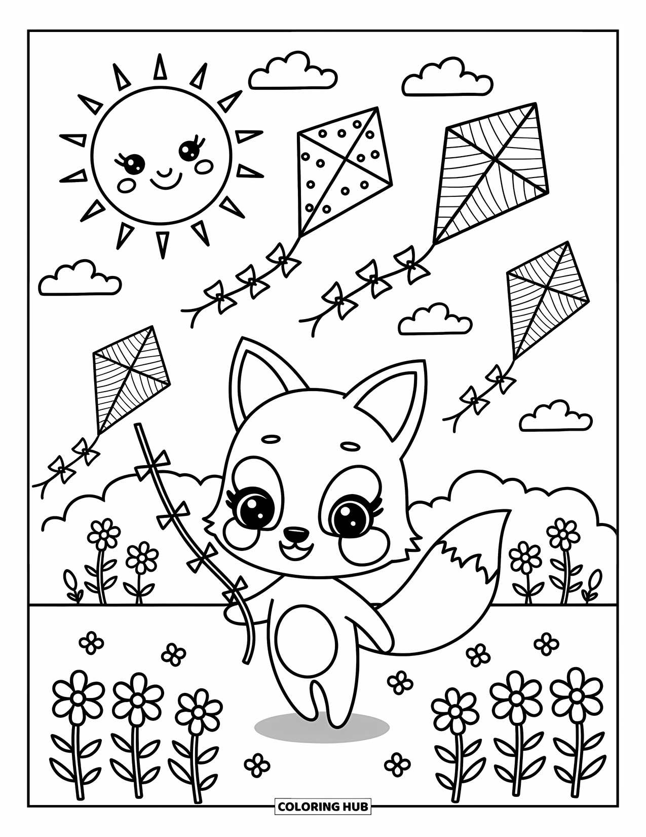 Weather Coloring Page for Adults: A cheerful kite soars above a fox surrounded by kites, flowers, and spinning pinwheels