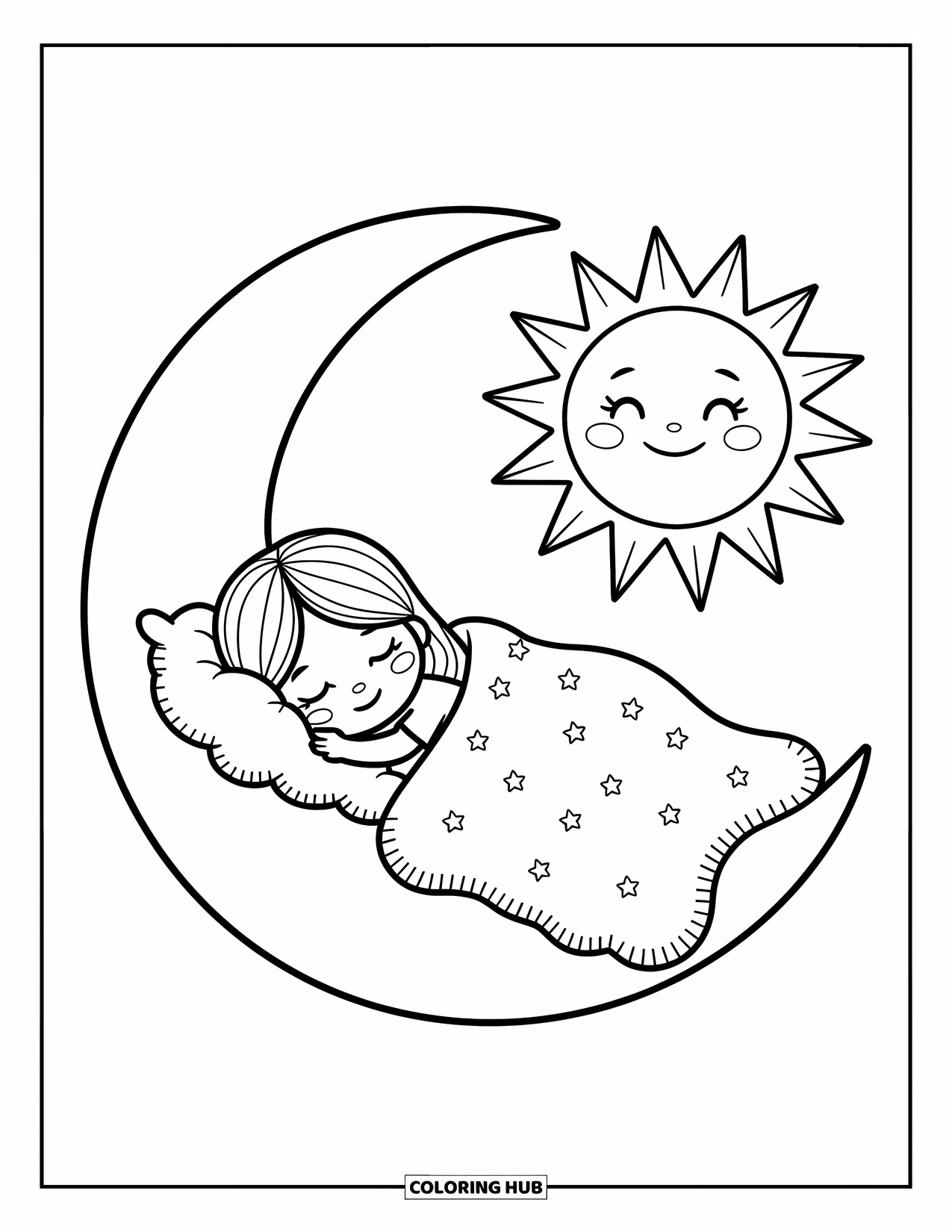 Weather Coloring Page for Adults: A chibi girl rests under a cloud blanket as the sun and moon smile from each corner