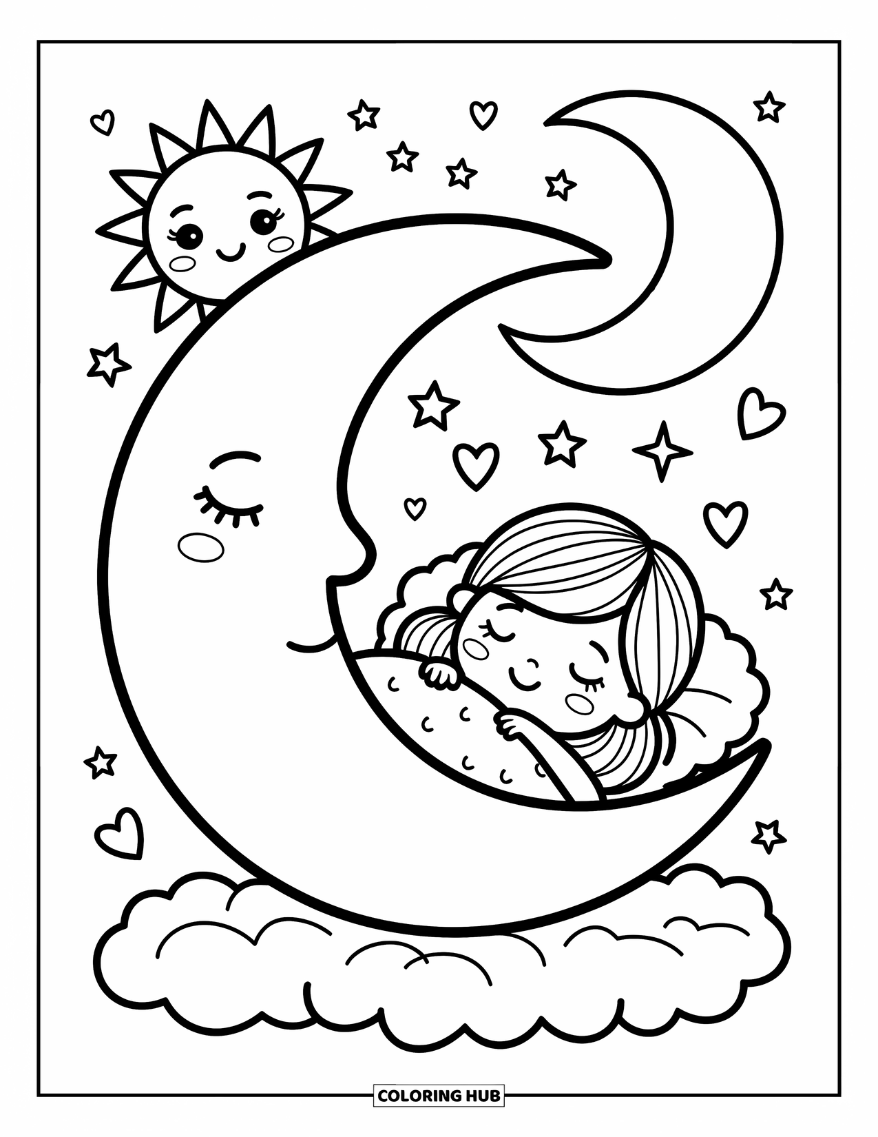 Weather Coloring Page for Adults: A chibi girl sleeps in a crescent moon bed under a cloud, watched by sun and moon