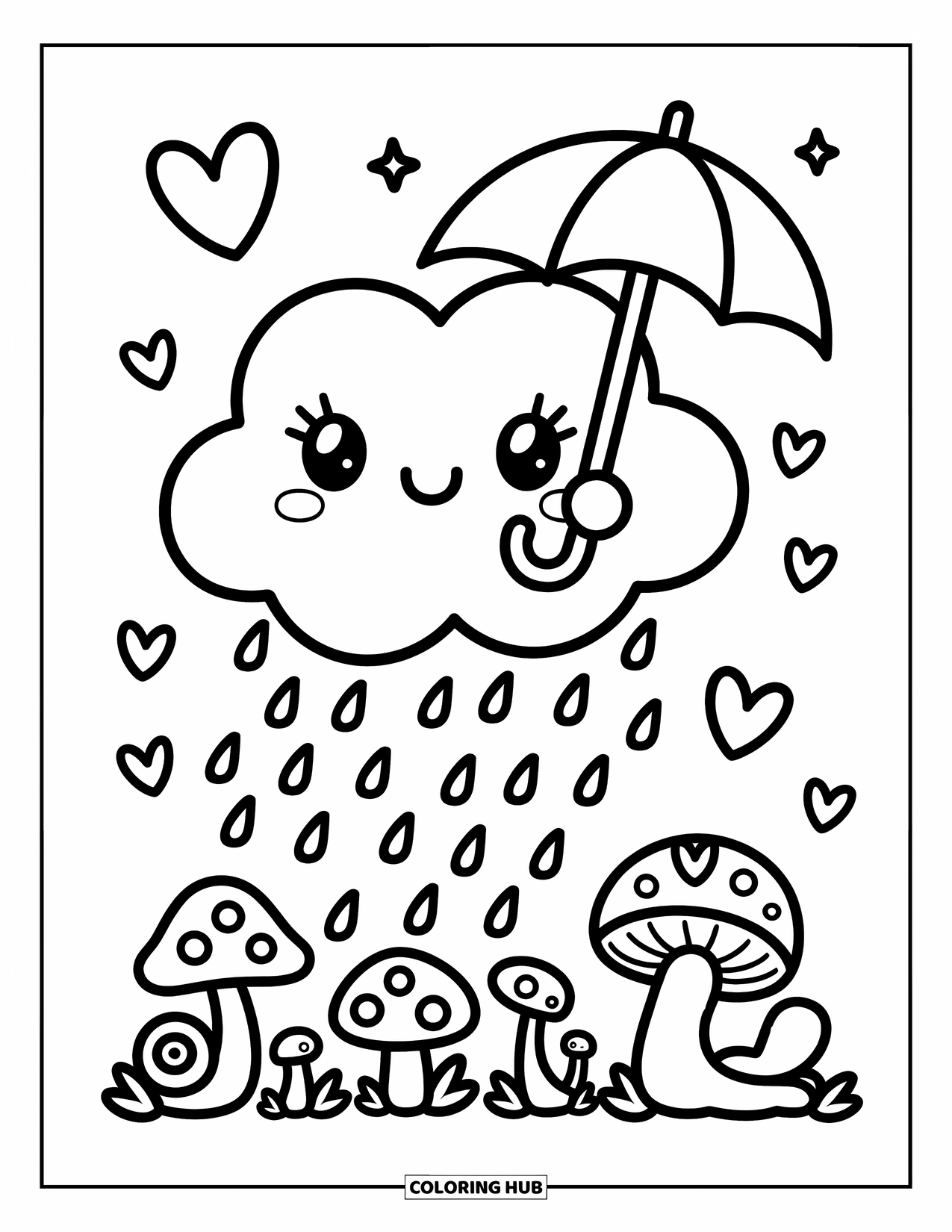 Weather Coloring Page for Adults: A cloud with an umbrella gently rains over happy mushrooms and snails enjoying the drizzle