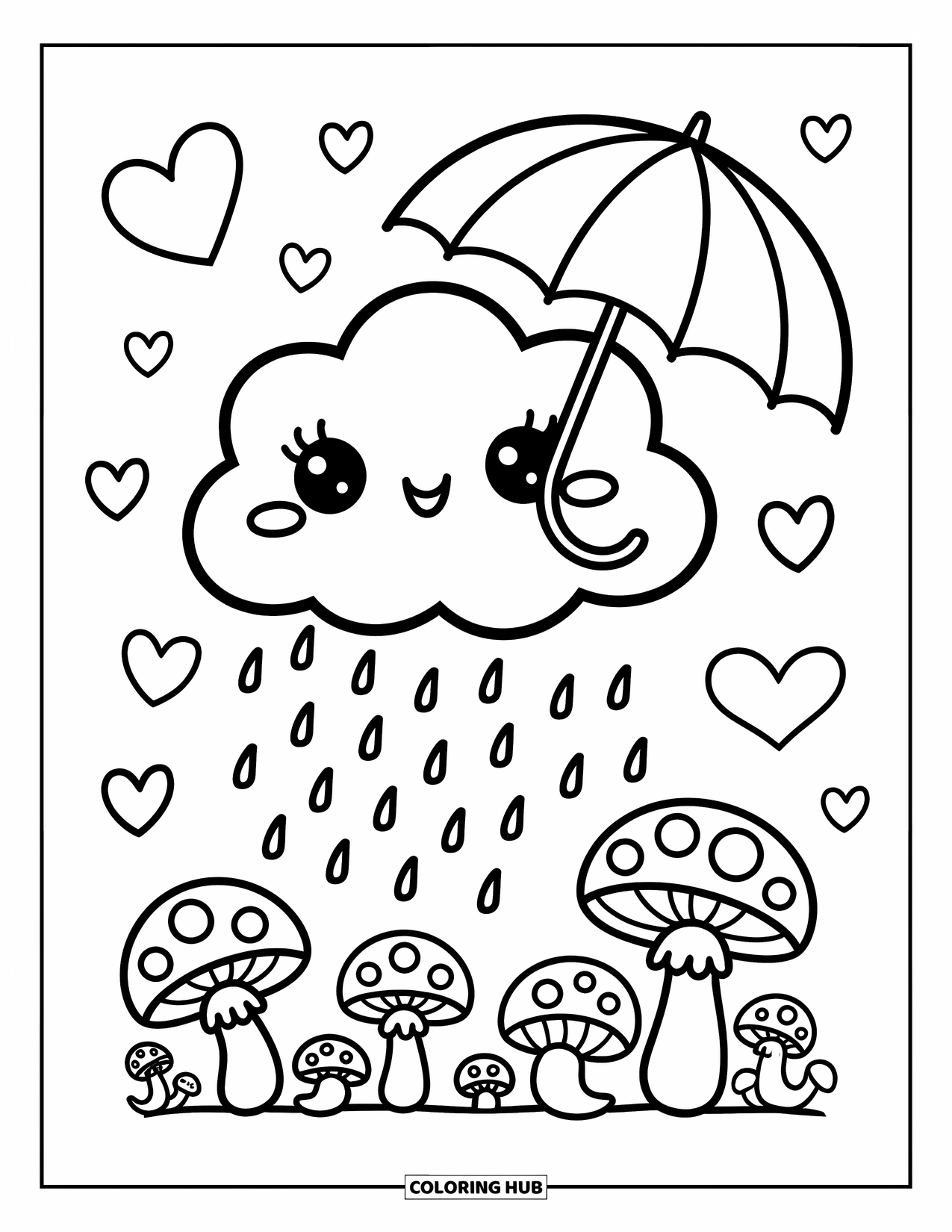 Weather Coloring Page for Adults: A gentle cloud rains on snails and mushrooms while hearts and stars float all around
