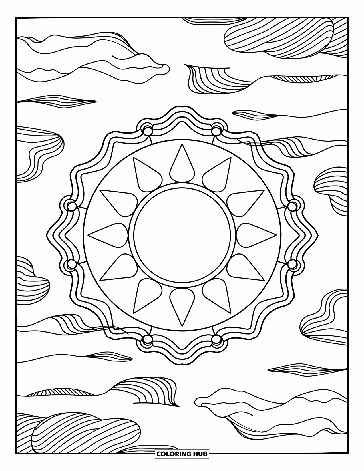 Weather Coloring Page for Adults: A geometric sun shines at the center, surrounded by swirling clouds and intricate mandalas