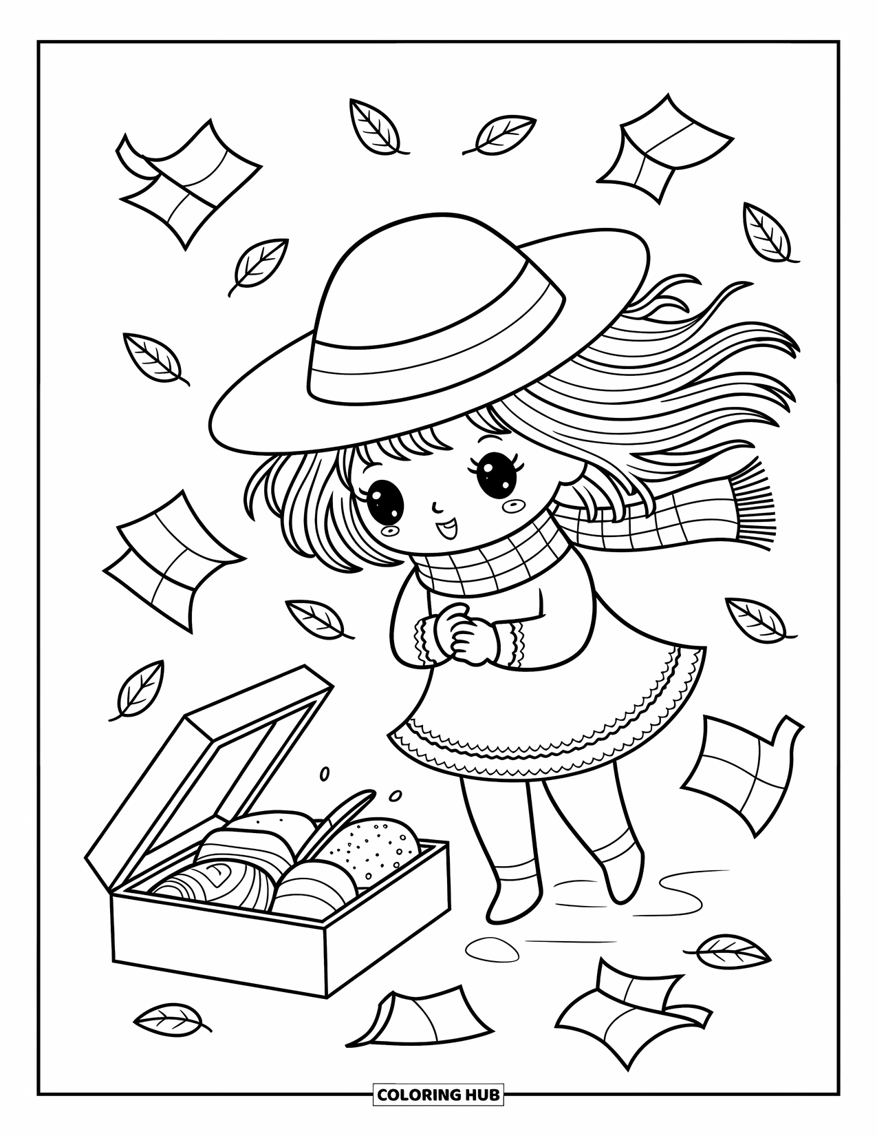 Weather Coloring Page for Adults: A girl clings to her hat as wind scatters leaves and tips over her lunch