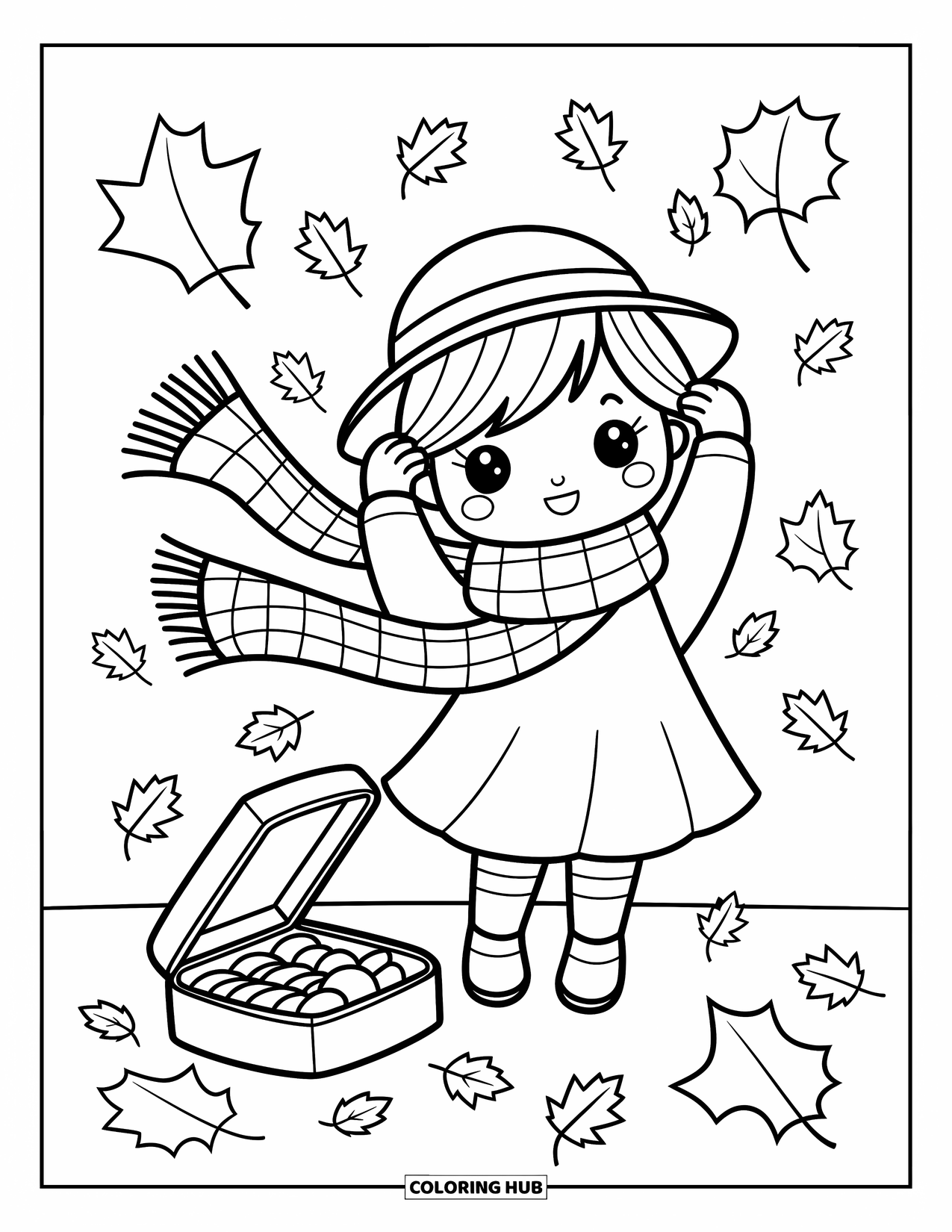Weather Coloring Page for Adults: A girl holds her hat in the wind while leaves swirl and lunch spills nearby
