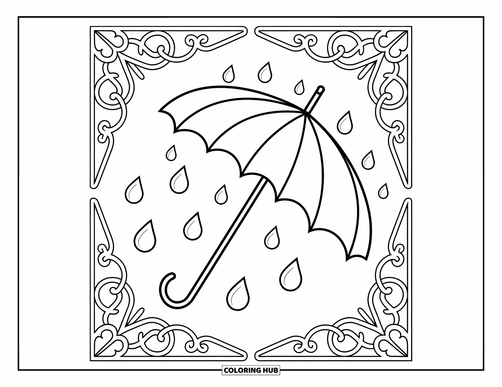 Weather Coloring Page for Adults: A graceful umbrella is surrounded by floral patterns and swirling raindrop shapes