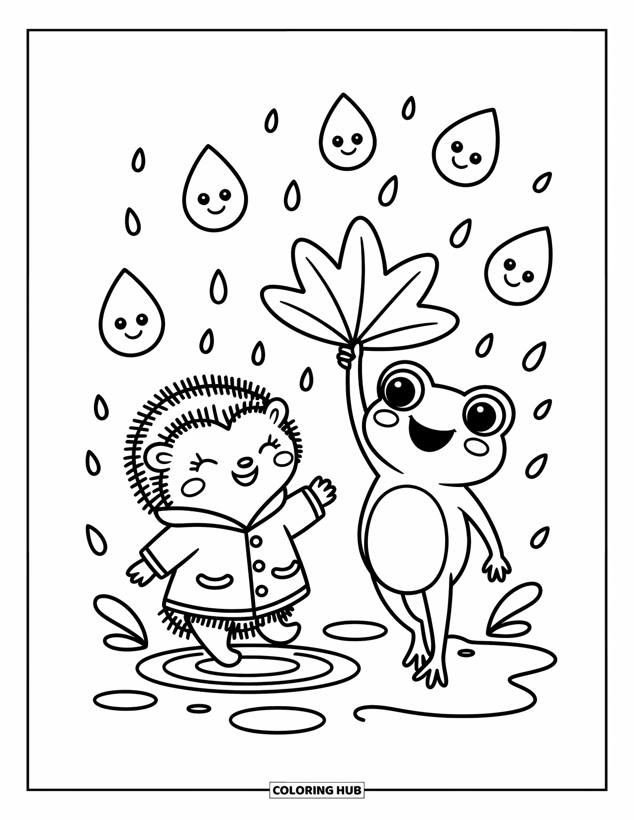 Weather Coloring Page for Adults: A happy hedgehog splashes in a puddle while a frog shades itself with a leaf