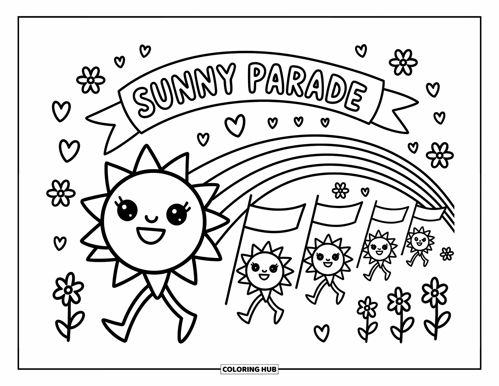 Weather Coloring Page for Adults: A happy sun leads a parade with tiny suns, flags, and a rainbow banner overhead