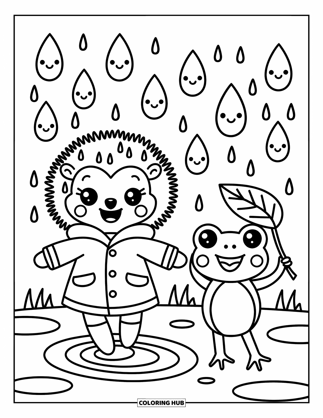 Weather Coloring Page for Adults: A hedgehog twirls in the rain as a frog stays dry beneath a leafy umbrella
