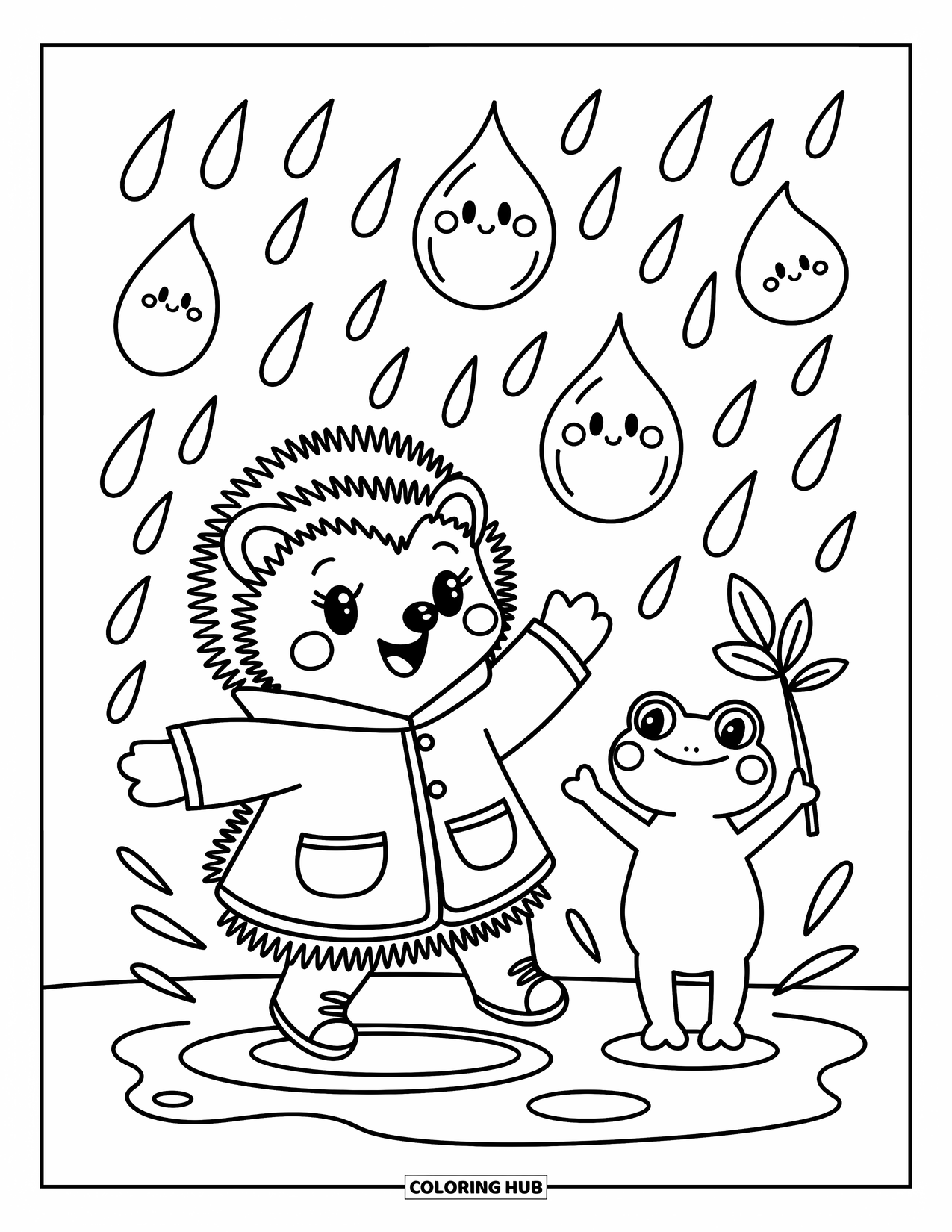 Weather Coloring Page for Adults: A joyful hedgehog in a raincoat plays in a puddle beside a frog holding a leaf