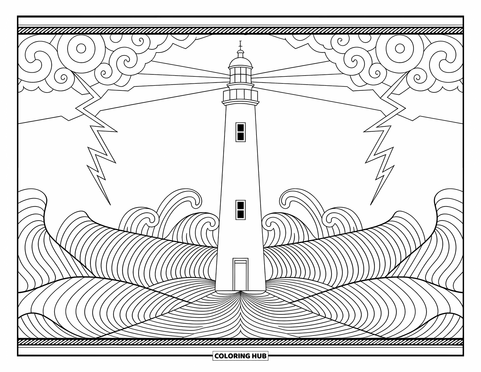 Weather Coloring Page for Adults: A lighthouse stands tall among crashing waves and lightning in a swirling stormy sky