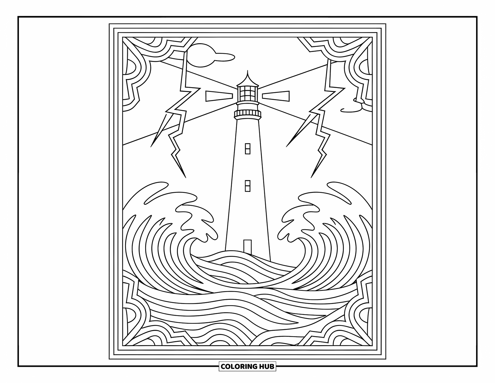 Weather Coloring Page for Adults: A lighthouse stands tall among waves and lightning, framed by detailed patterns and borders