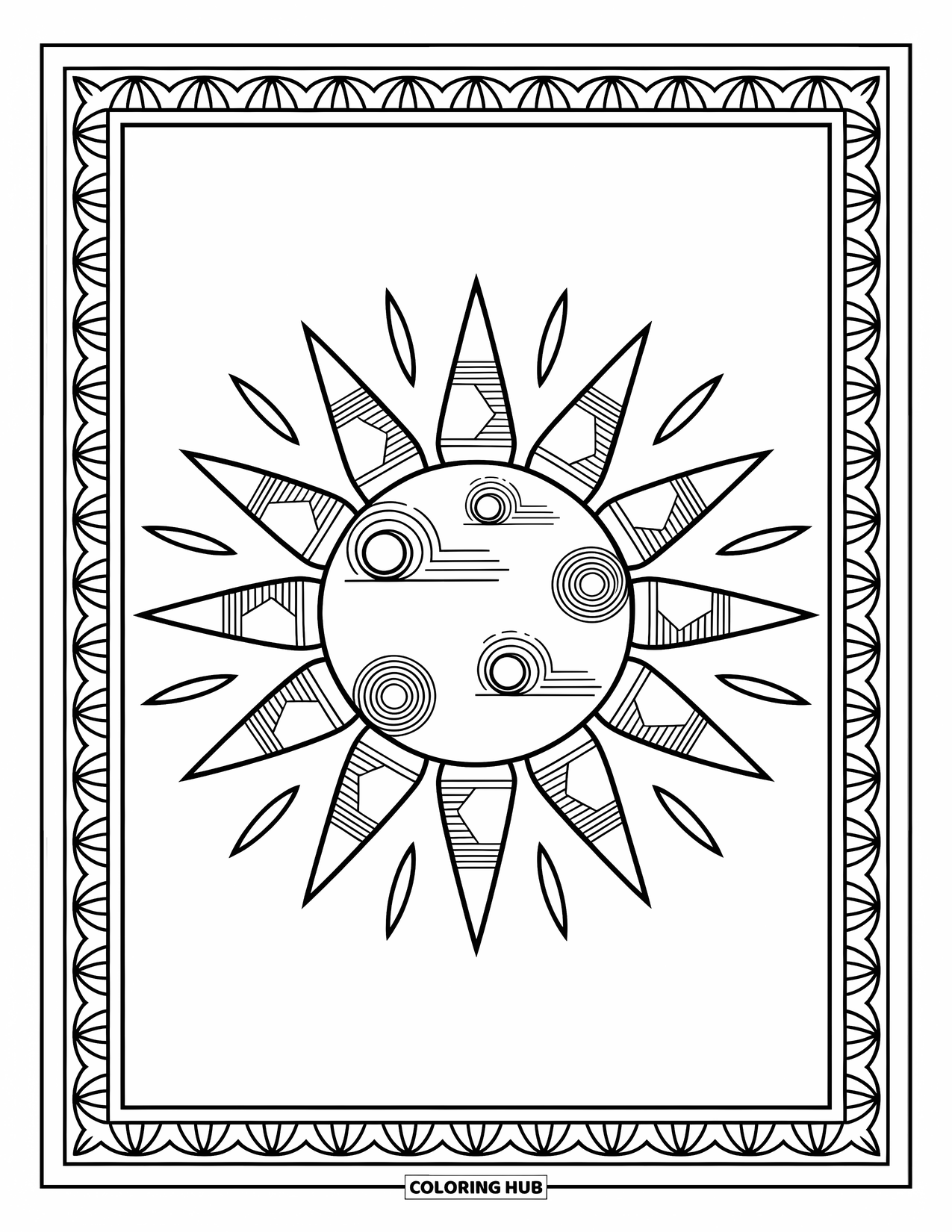Weather Coloring Page for Adults: A patterned sun with concentric rings sits at the heart of a rich, detailed border