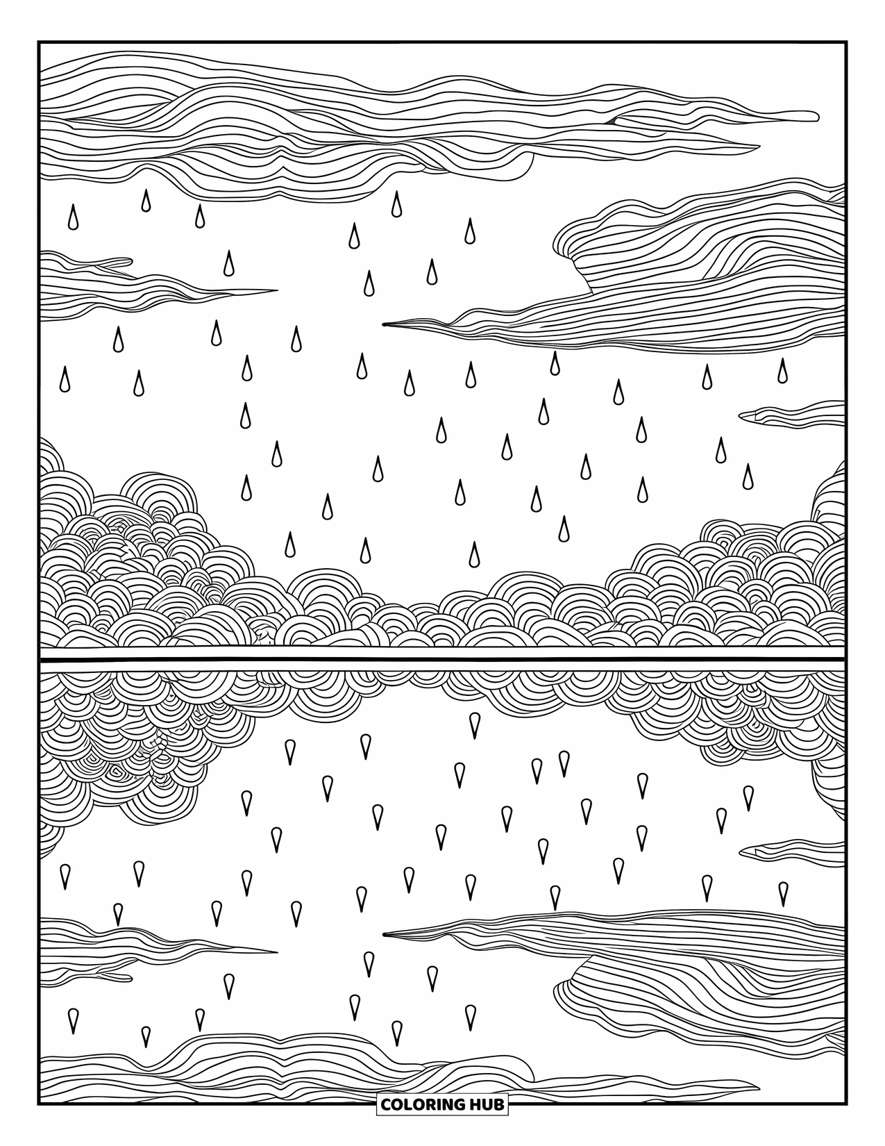 Weather Coloring Page for Adults: A peaceful lake mirrors the sky while rain falls softly across detailed waters