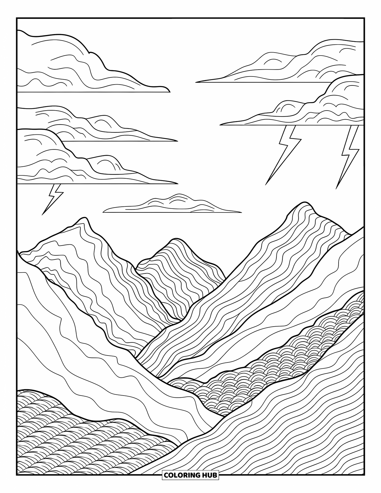 Weather Coloring Page for Adults: A peaceful mountain view with clouds and lightning, framed by soft, intricate patterns