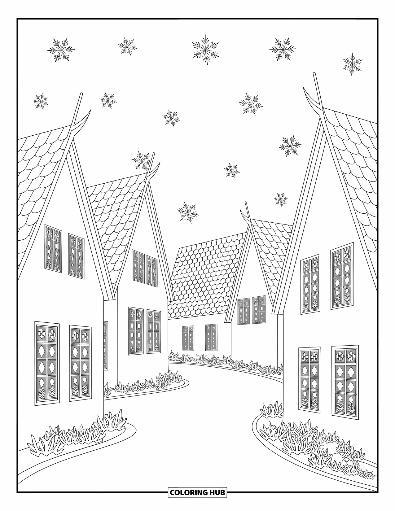 Weather Coloring Page for Adults: A quiet village glows with snowy rooftops, icy windows, and gentle falling snow