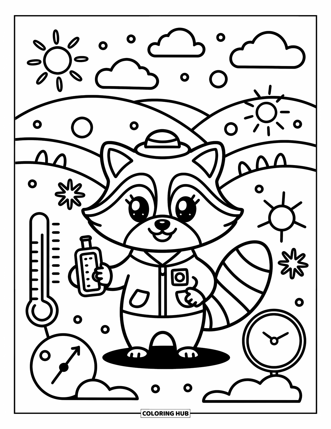 Weather Coloring Page for Adults: A raccoon studies the weather surrounded by playful symbols and rolling hills